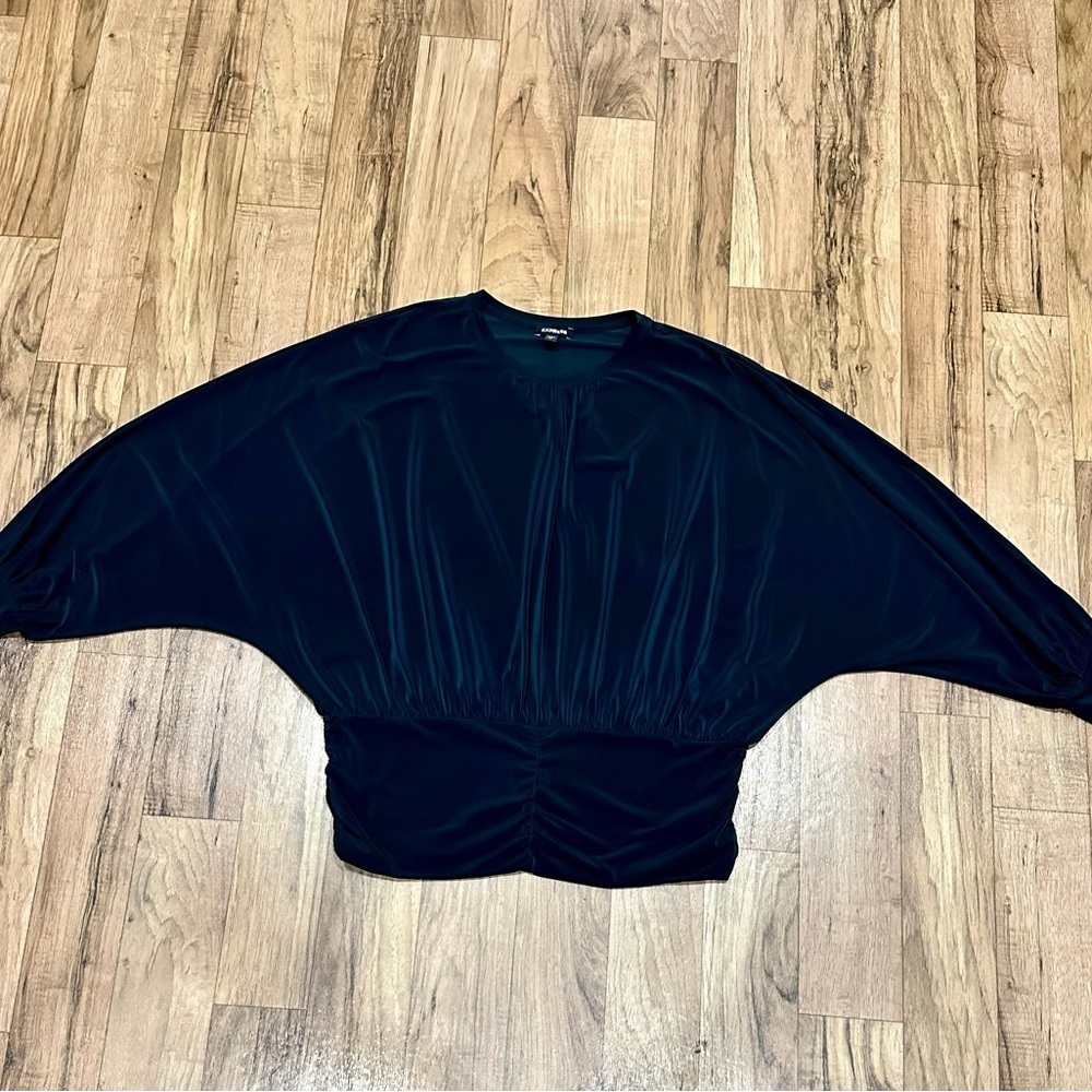 NWOT Express Black Ruched Waist Blouse Elegant Draped Top Size L - Picture 6 of 9